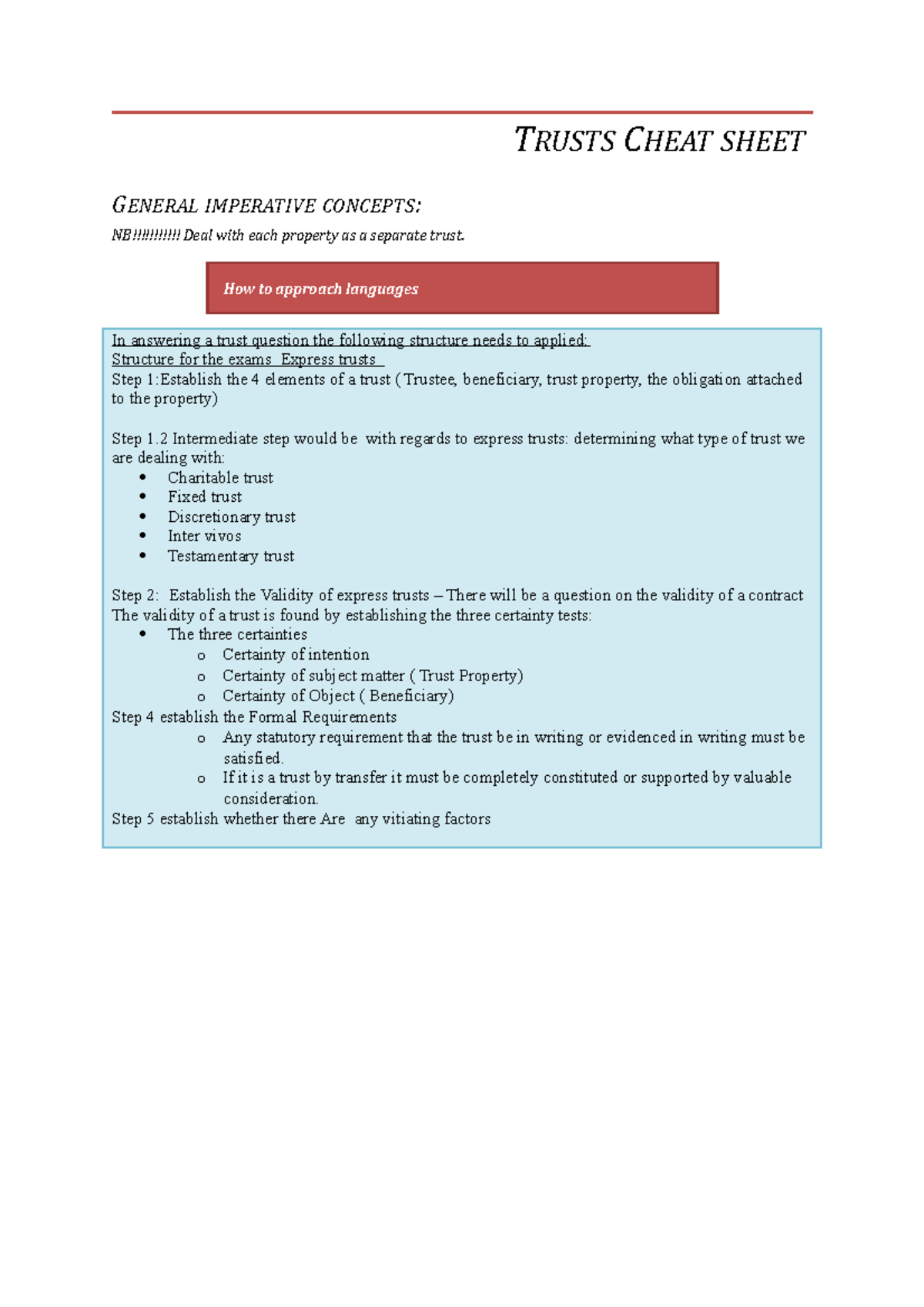 Trusts Cheat sheet - TRUSTS CHEAT SHEET GENERAL IMPERATIVE CONCEPTS: NB ...