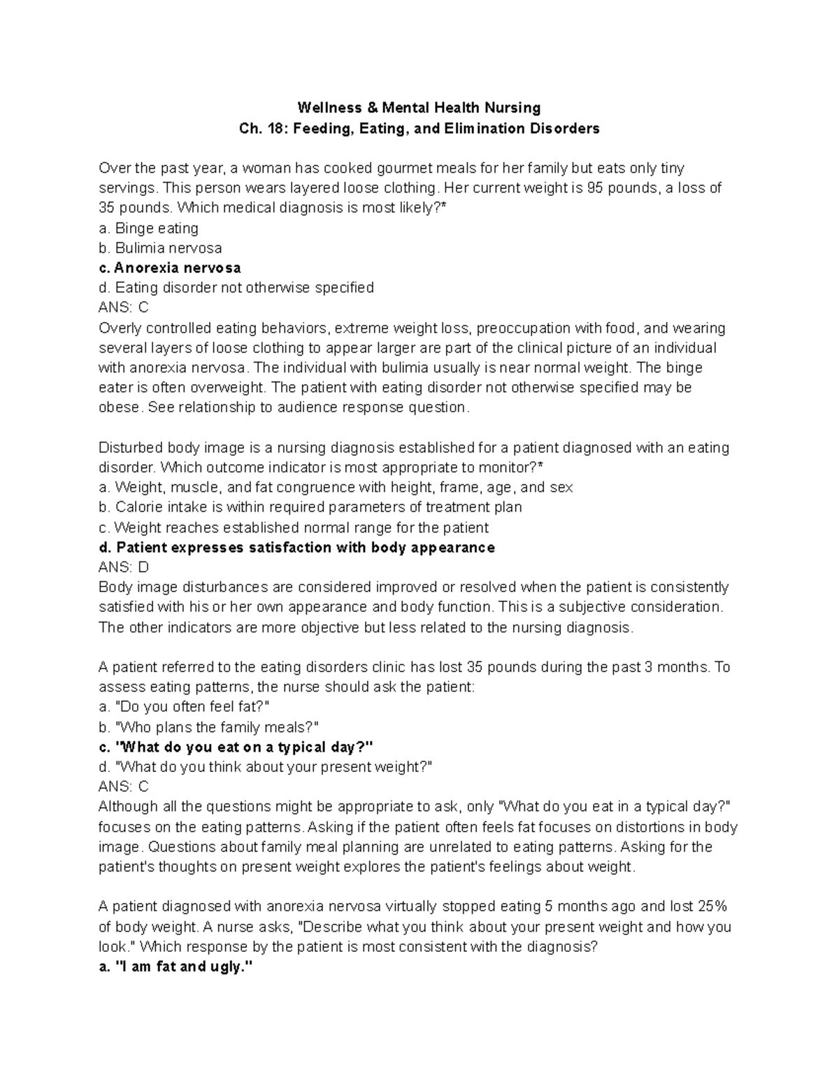 Wellness & Mental Health Ch. 18 - Wellness & Mental Health Nursing Ch ...