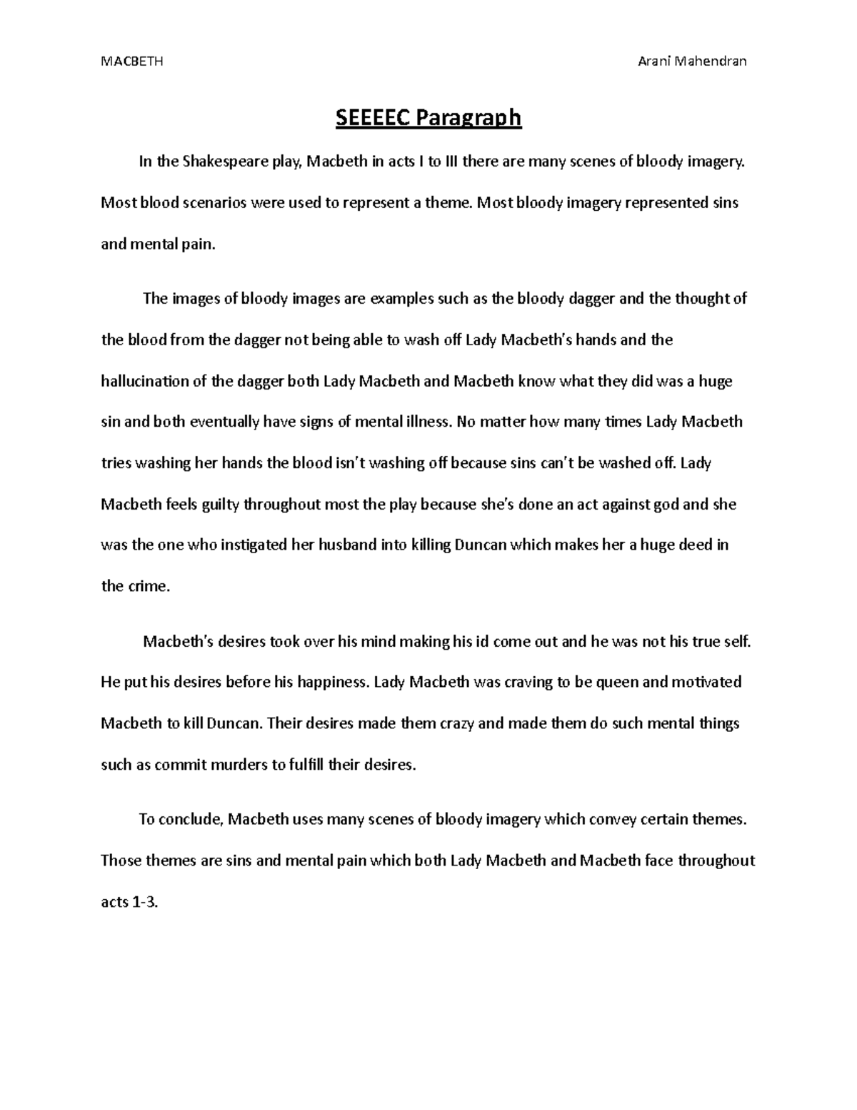 Seeeec Paragraph - Assignment for ENG 101. - MACBETH Arani Mahendran ...