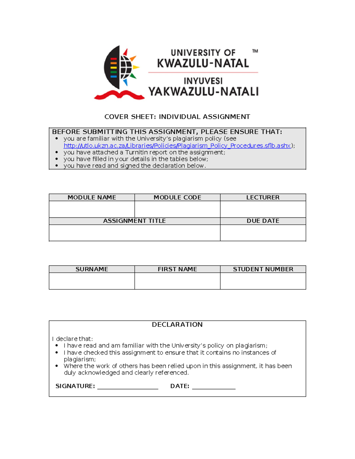 Cover Page for Individual Assignment with Declaration - COVER SHEET ...