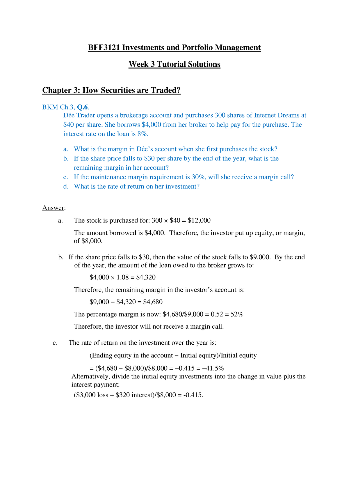 Week 03 Tutorial Solutions - BFF3121 Investments And Portfolio ...