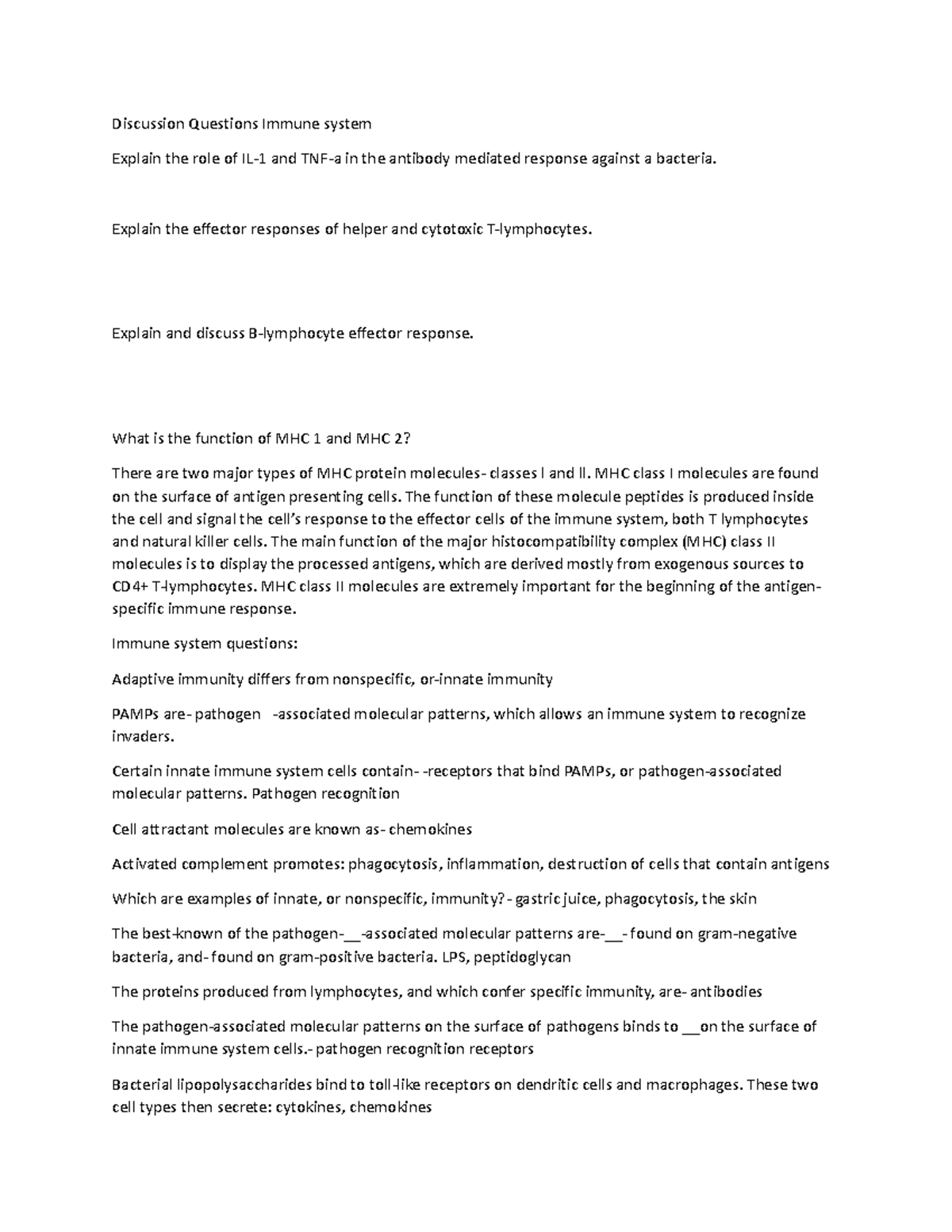 Discussion Questions Immune system - Discussion Questions Immune system ...