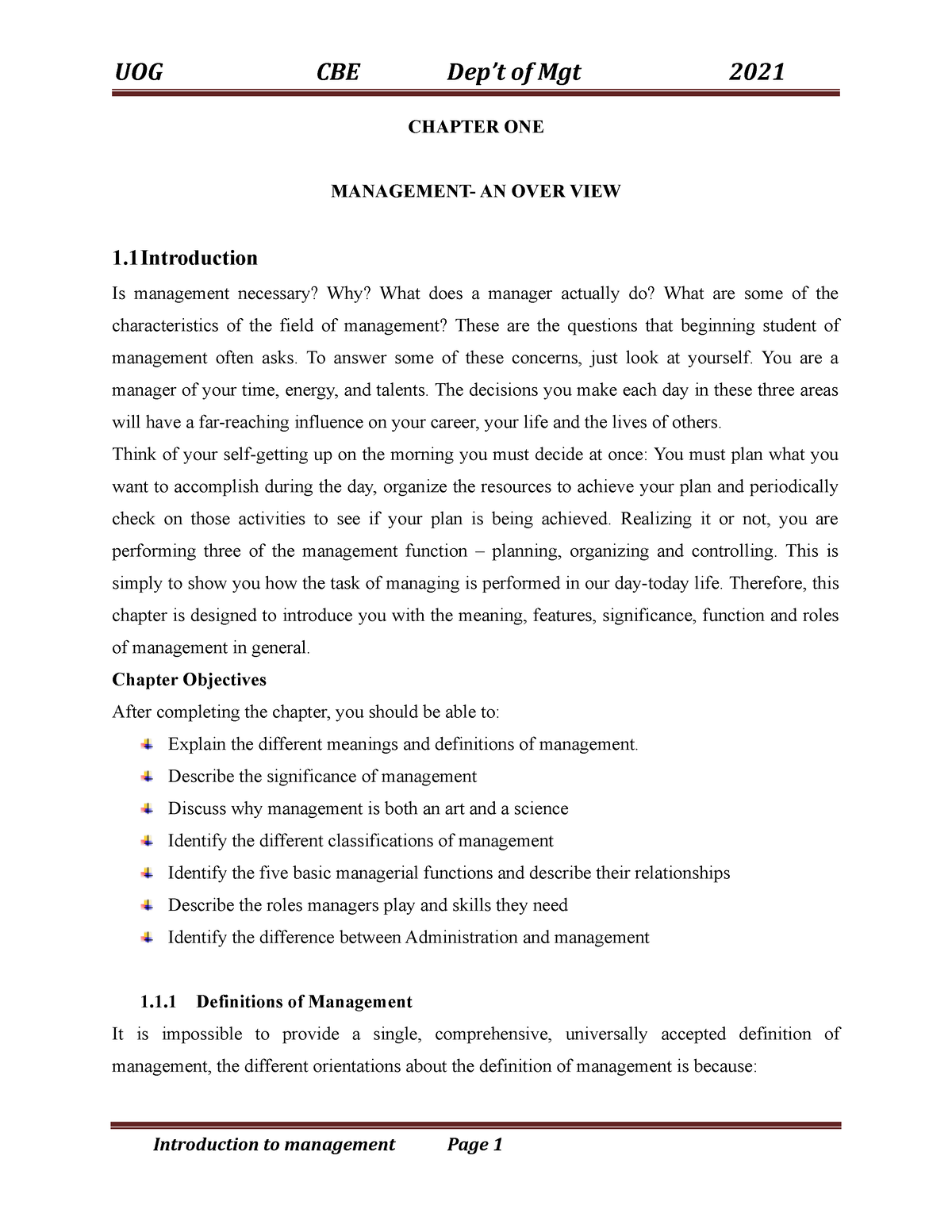 Ch-1 Mgt-1 - CHAPTER ONE MANAGEMENT- AN OVER VIEW 1 Is Management ...