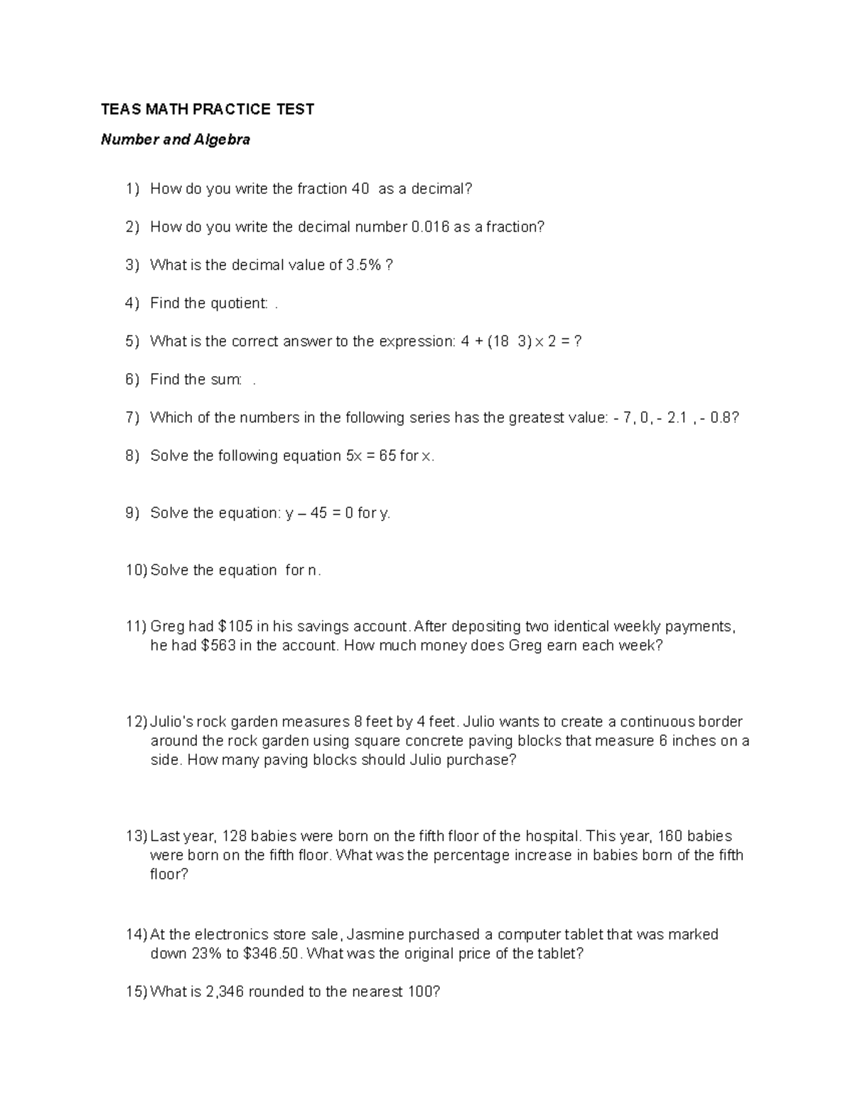 TEAS MATH Practice TES1 - TEAS MATH PRACTICE TEST Number and Algebra ...