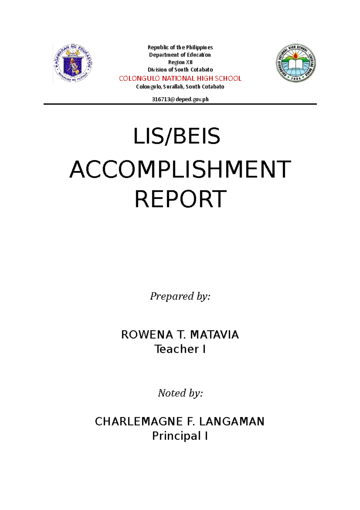 LIS Accomplishment Report 2 - Republic of the Philippines Department of ...