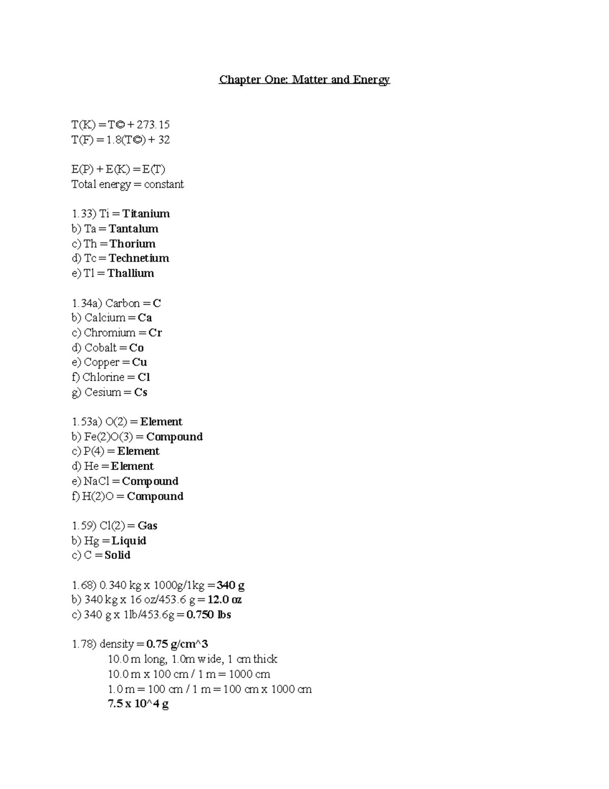 Chapter One Book Problems - Chapter One: Matter and Energy T(K) = T ...