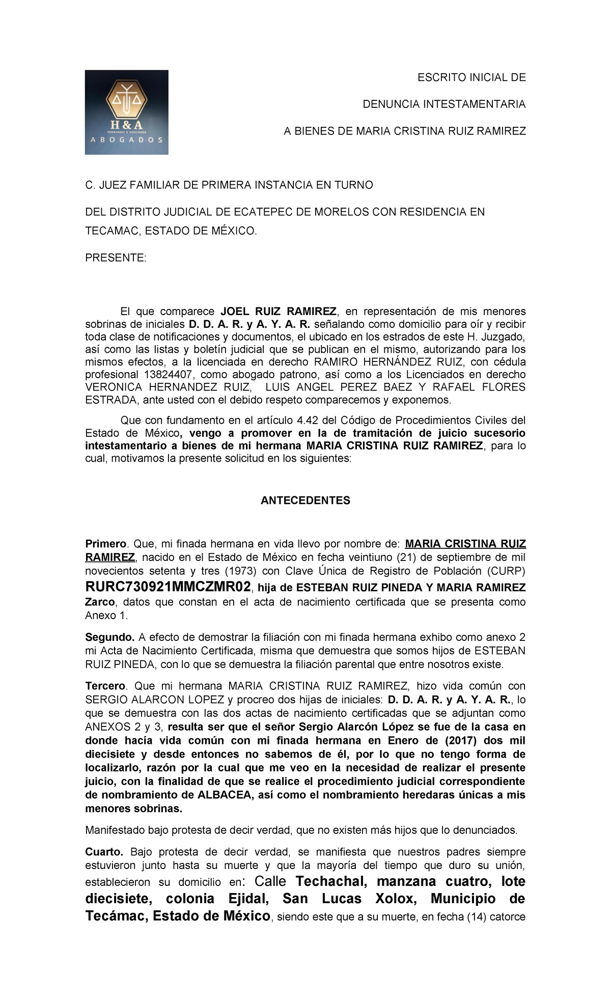 Escrito Inicial De Denuncia Intestamentaria Escrito Inicial De