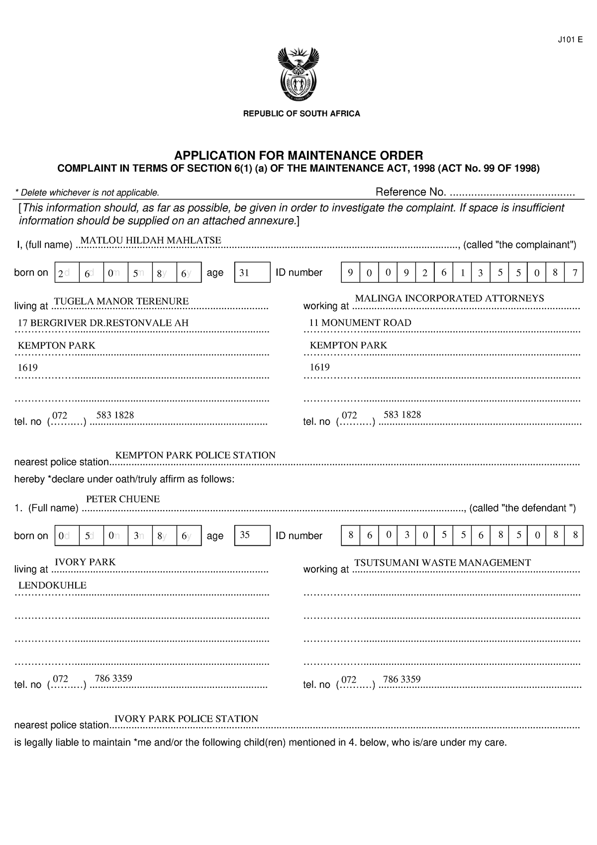 Application FOR Maintenace Order M - REPUBLIC OF SOUTH AFRICA ...