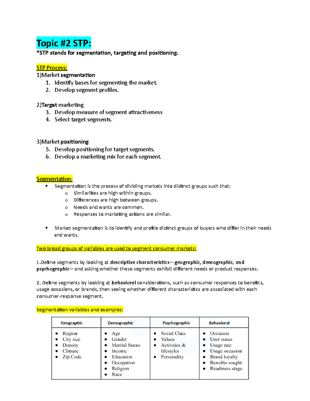 Topic 2 STP Class 2 summary Topic 2 STP *STP stands for segmentation, targeting and Studocu