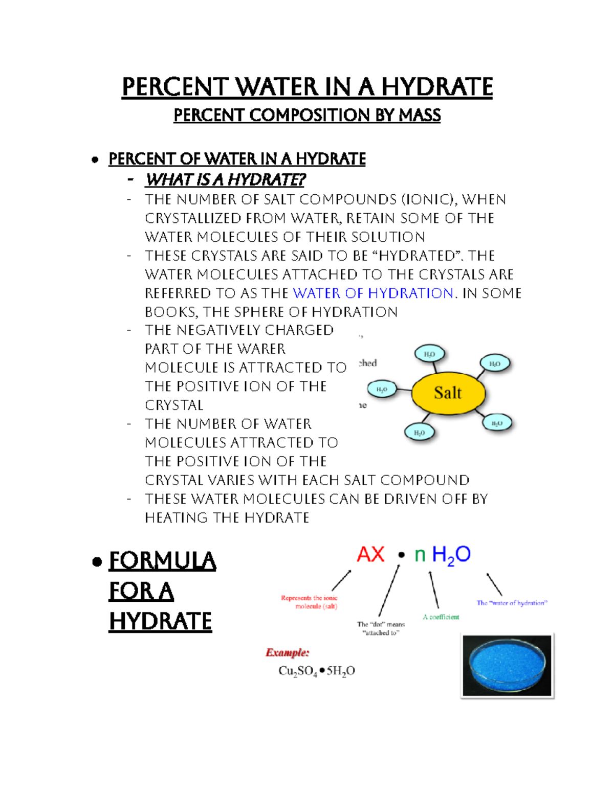 Hydrates PERCENT WATER iN A HYDRATE PERCENT COMPOSiTiON BY MASS