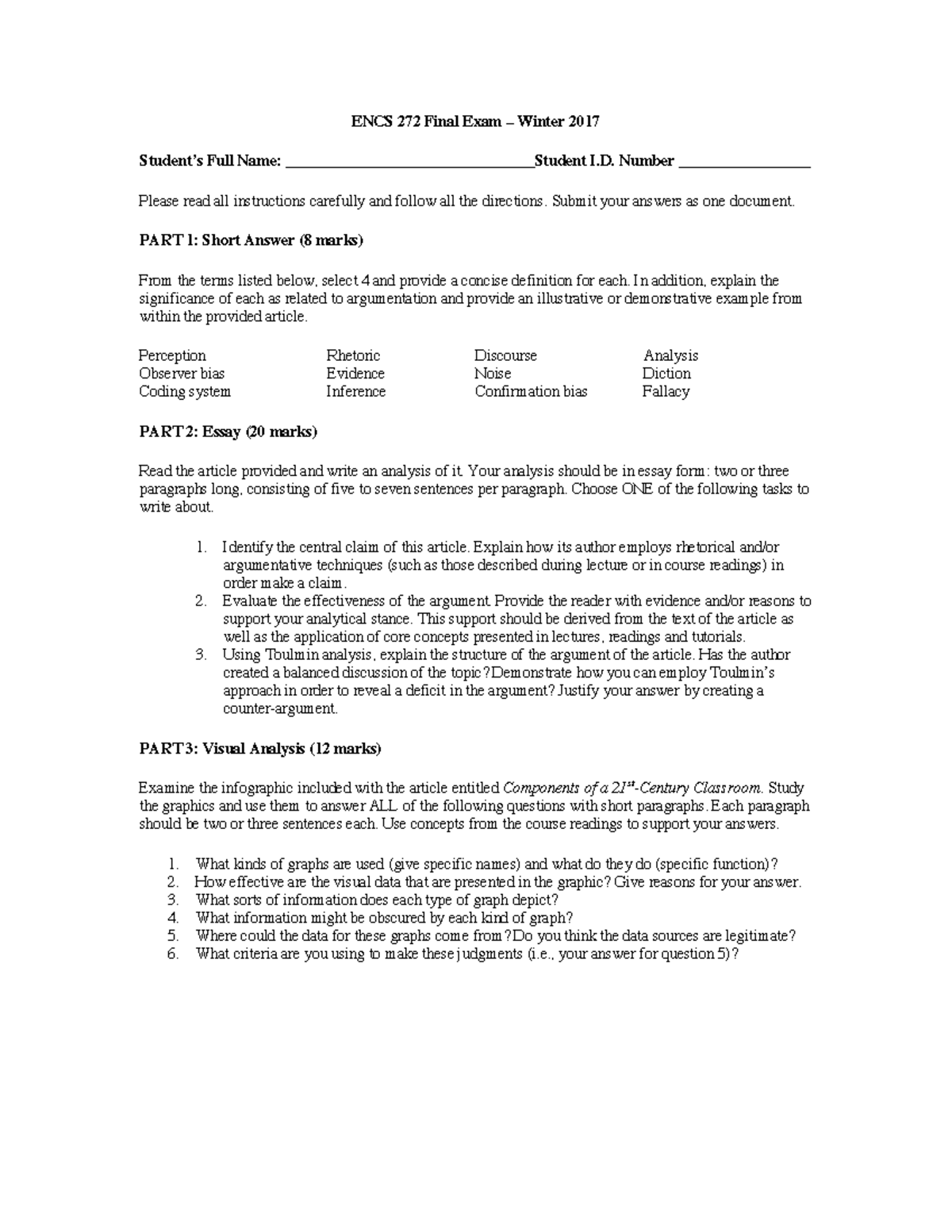 ENCS 272 Final Exam Winter 2017 ENCS 272 Concordia Studocu