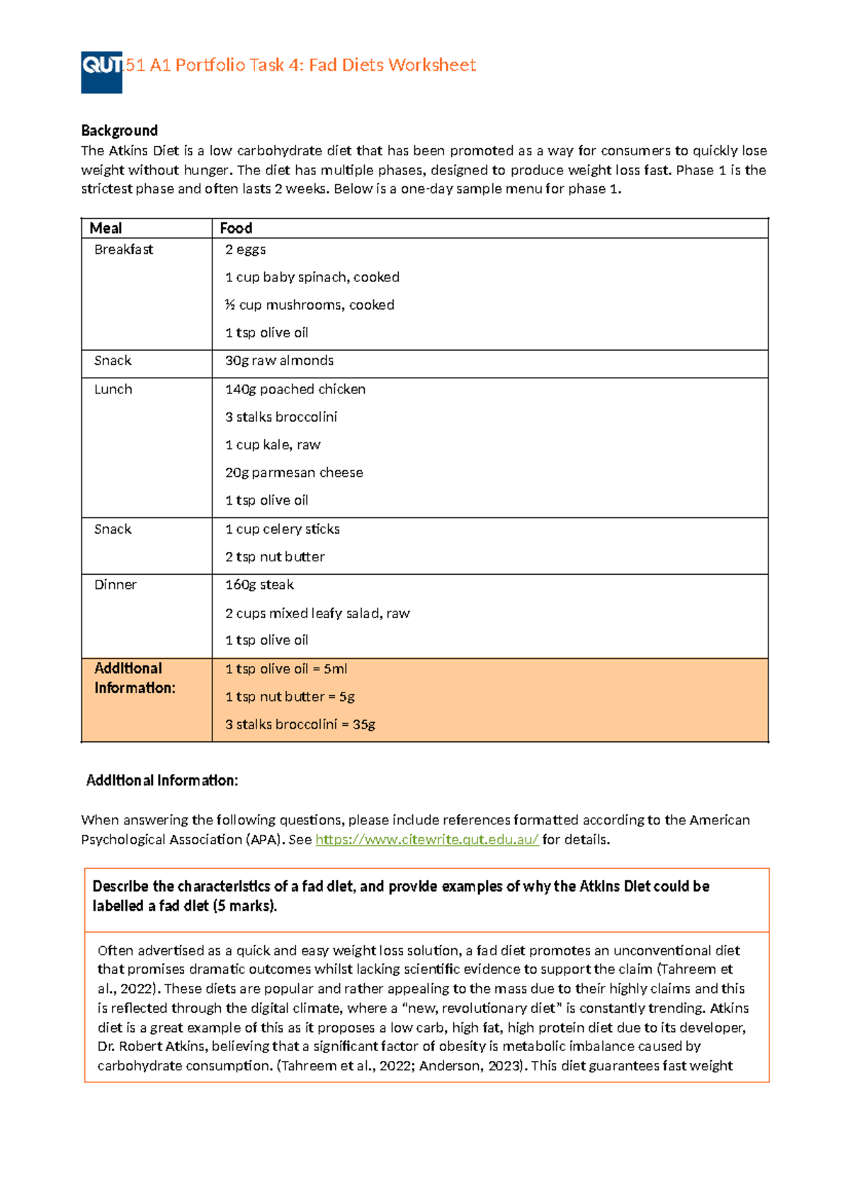 Task four fad diets XNB151 A1 Portfolio Task 4 Fad Diets Worksheet