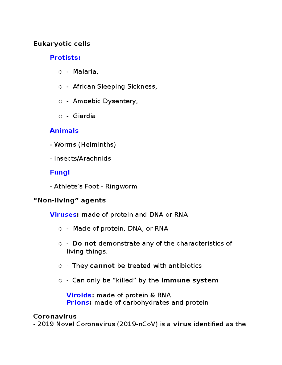 Biology 4 - BIO 120 - Eukaryotic cells Protists: o - Malaria, o ...