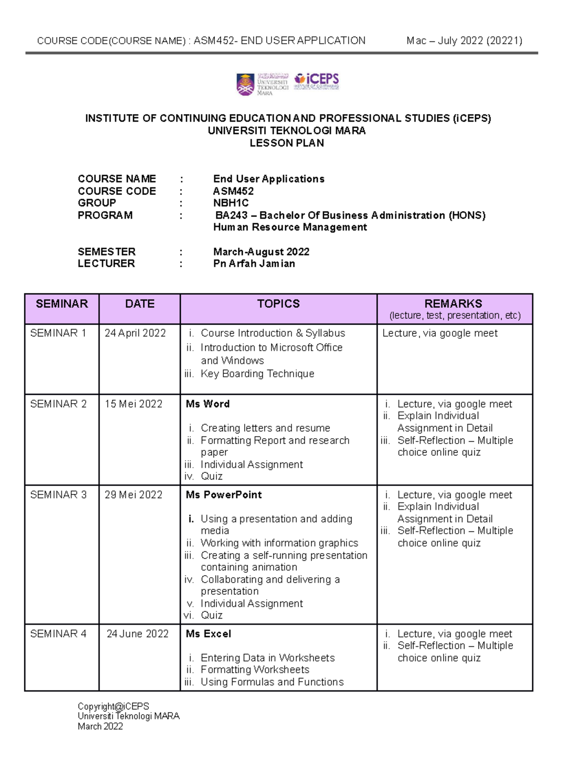 Lesson Plan Mac-August 2022 - COURSE CODE(COURSE NAME) : ASM452- END ...