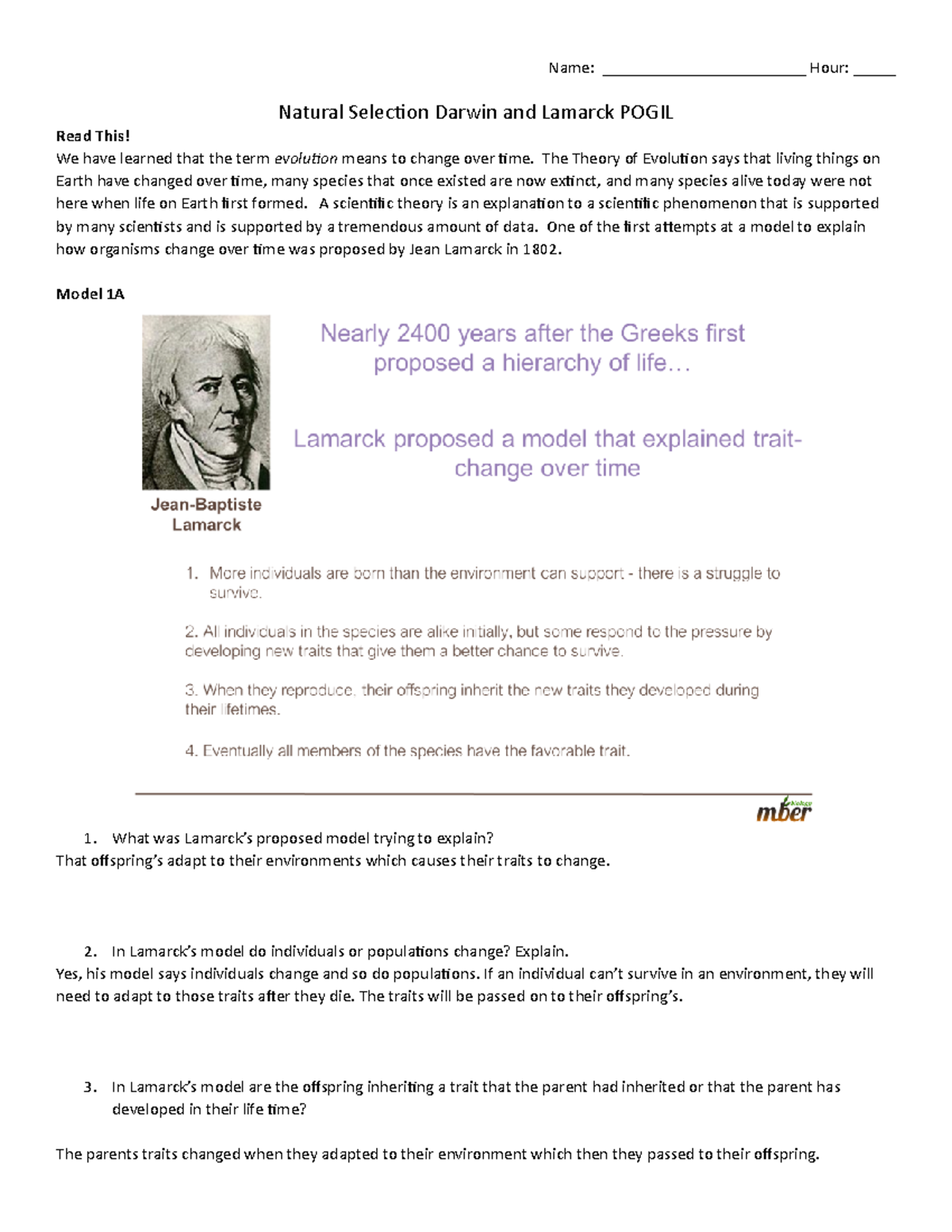 DarwinLamarck Pogil Name ________________________ Hour