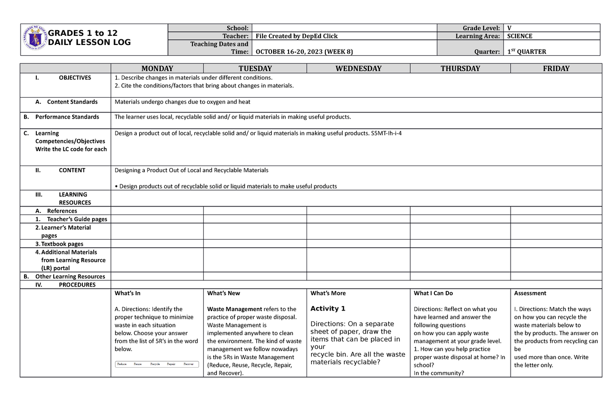 DLL Science-5 Q1 W8 - NBBBBG - GRADES 1 to 12 DAILY LESSON LOG School ...