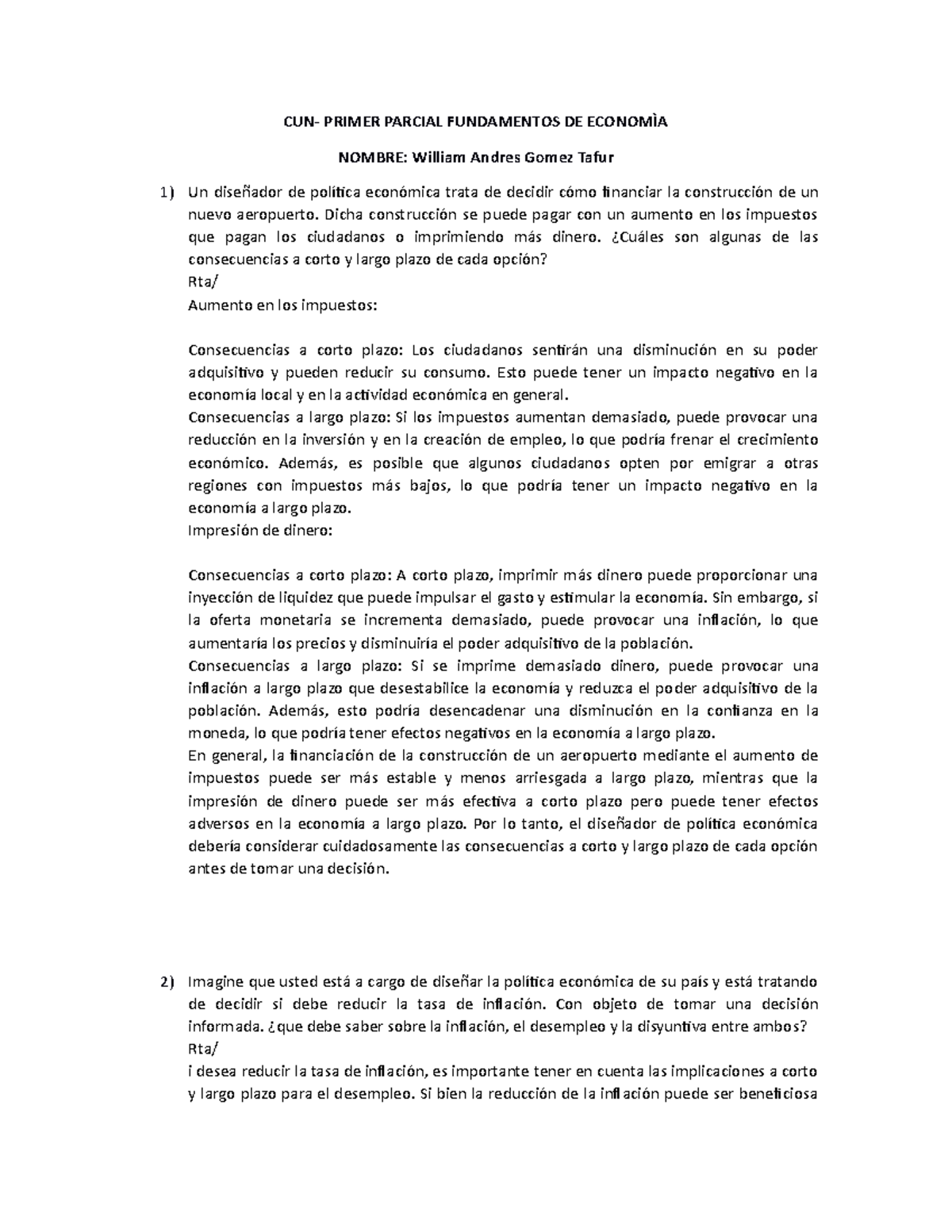 Primer Parcial Economia General- CUN- PRIMER PARCIAL FUNDAMENTOS DE ...