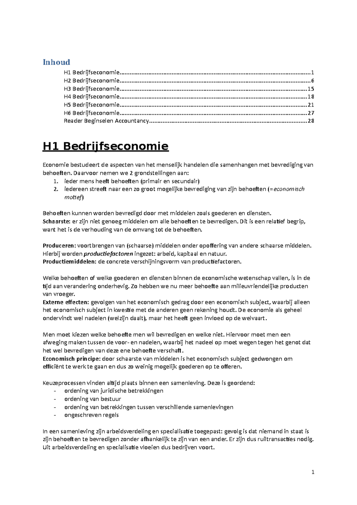 Boek Bedrijfseconomie - Inhoud H1 - Studeersnel