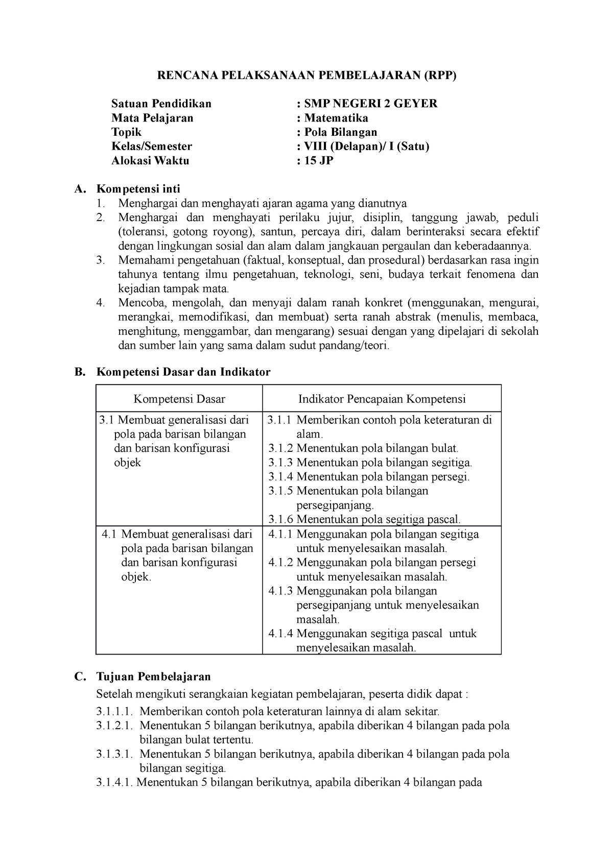 1 RPP POLA Bilangan - RPP - RENCANA PELAKSANAAN PEMBELAJARAN (RPP ...