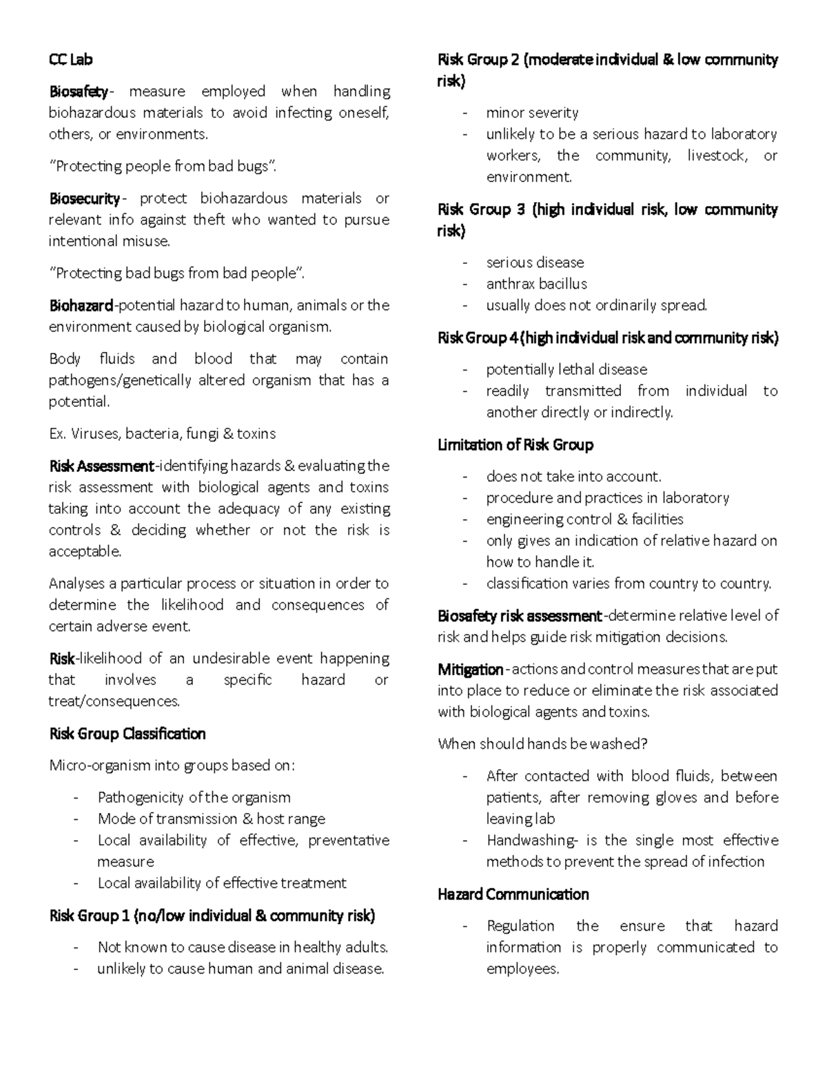 CC Lab 1 - n/a - CC Lab Biosafety- measure employed when handling ...