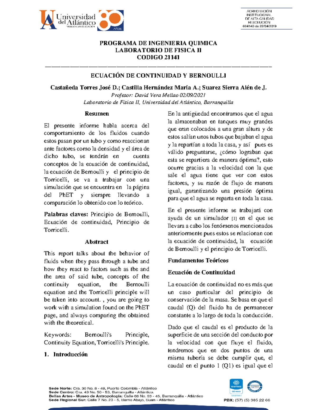 Informe DE LAB. Bernoulli - PROGRAMA DE INGENIERIA QUIMICA LABORATORIO ...