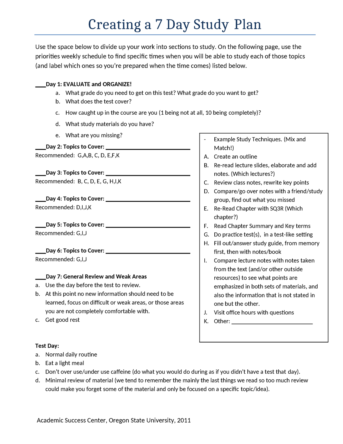 Study Plan Template 18 - Academic Success Center, Oregon State ...