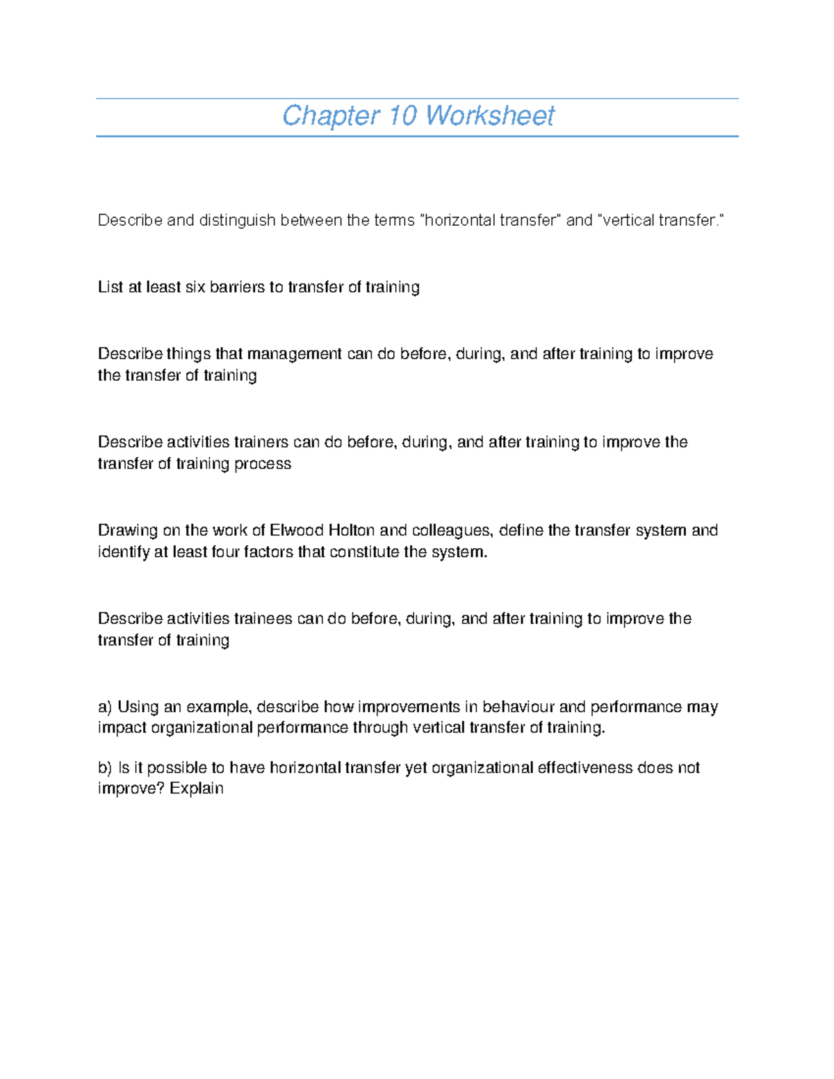 Training&Development - Chapter 10 Worksheet - Chapter 10 Worksheet ...