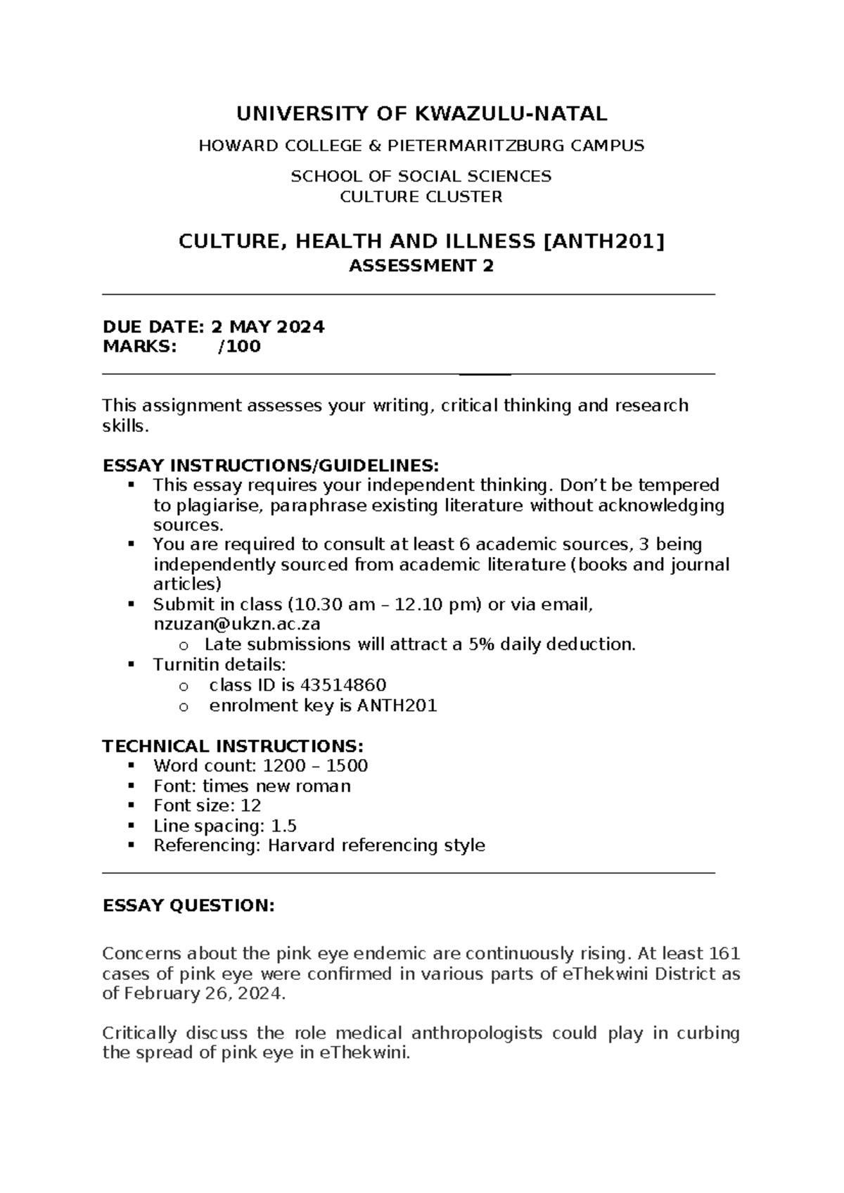 ANTH 201 Essay - UNIVERSITY OF KWAZULU-NATAL HOWARD COLLEGE ...