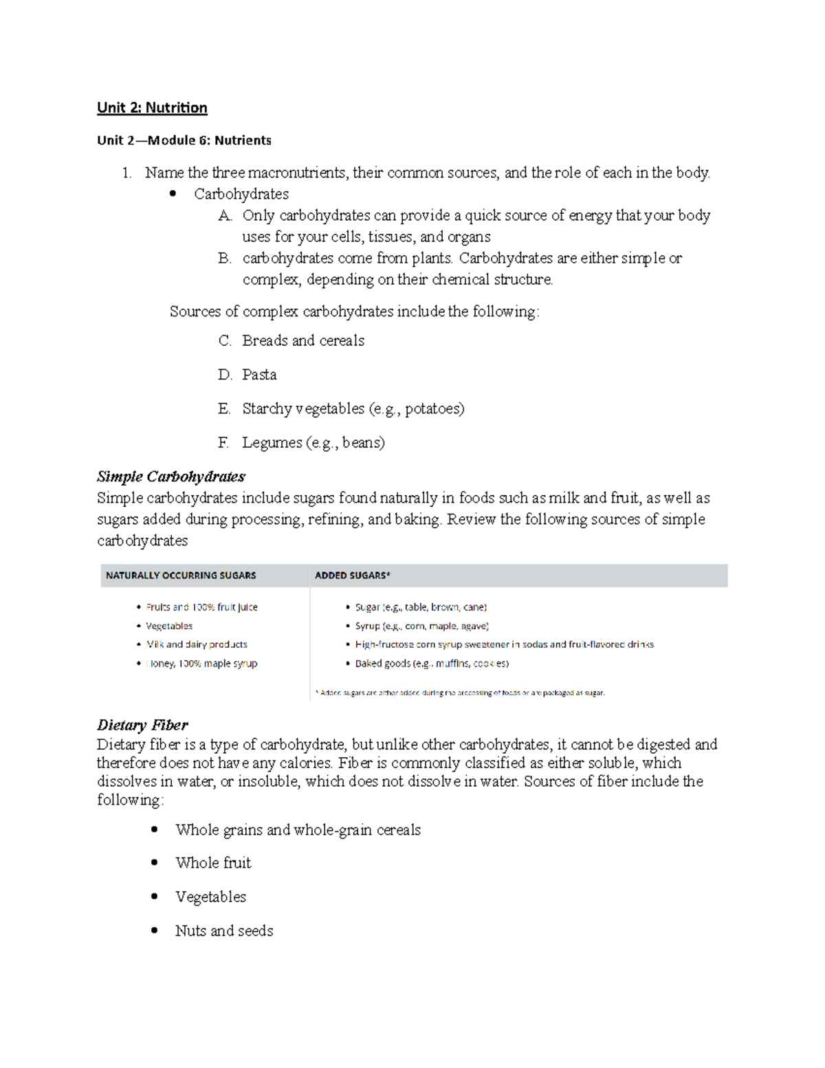 Unit 2 module 6 - Unit 2: Nutrition Unit 2—Module 6: Nutrients Name the ...