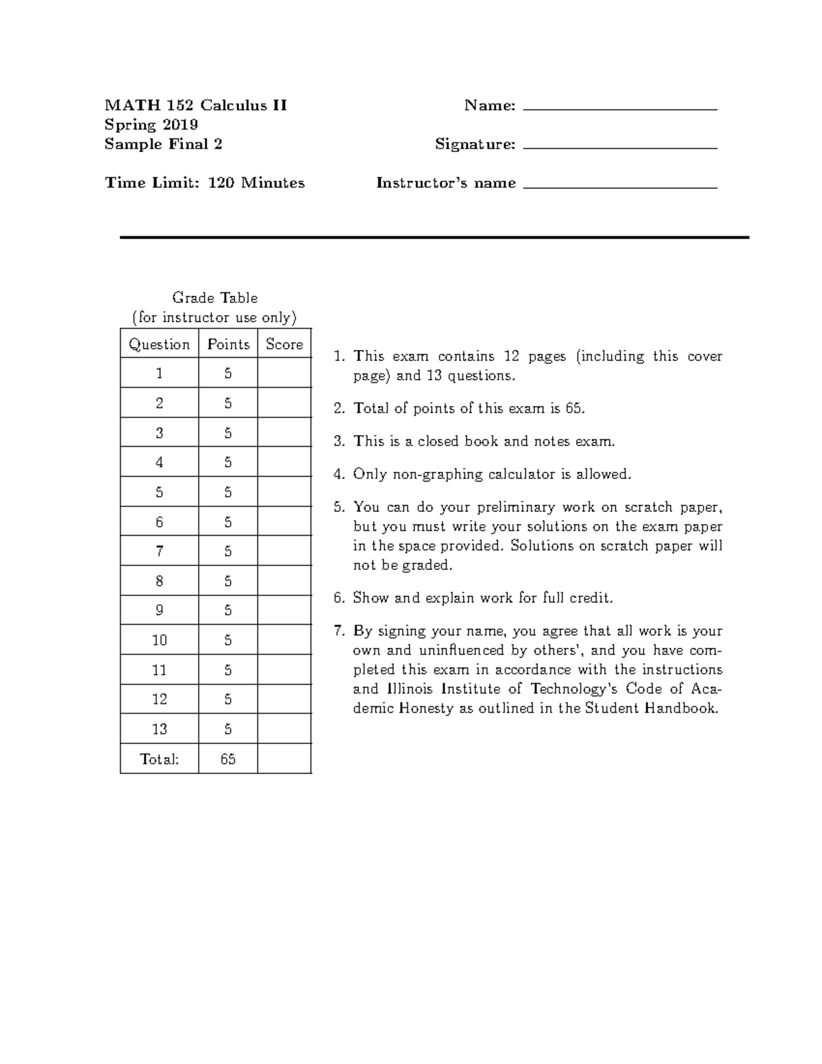 152Practice Final 2 - lecture slides notes - MATH 152 Calculus II Name ...