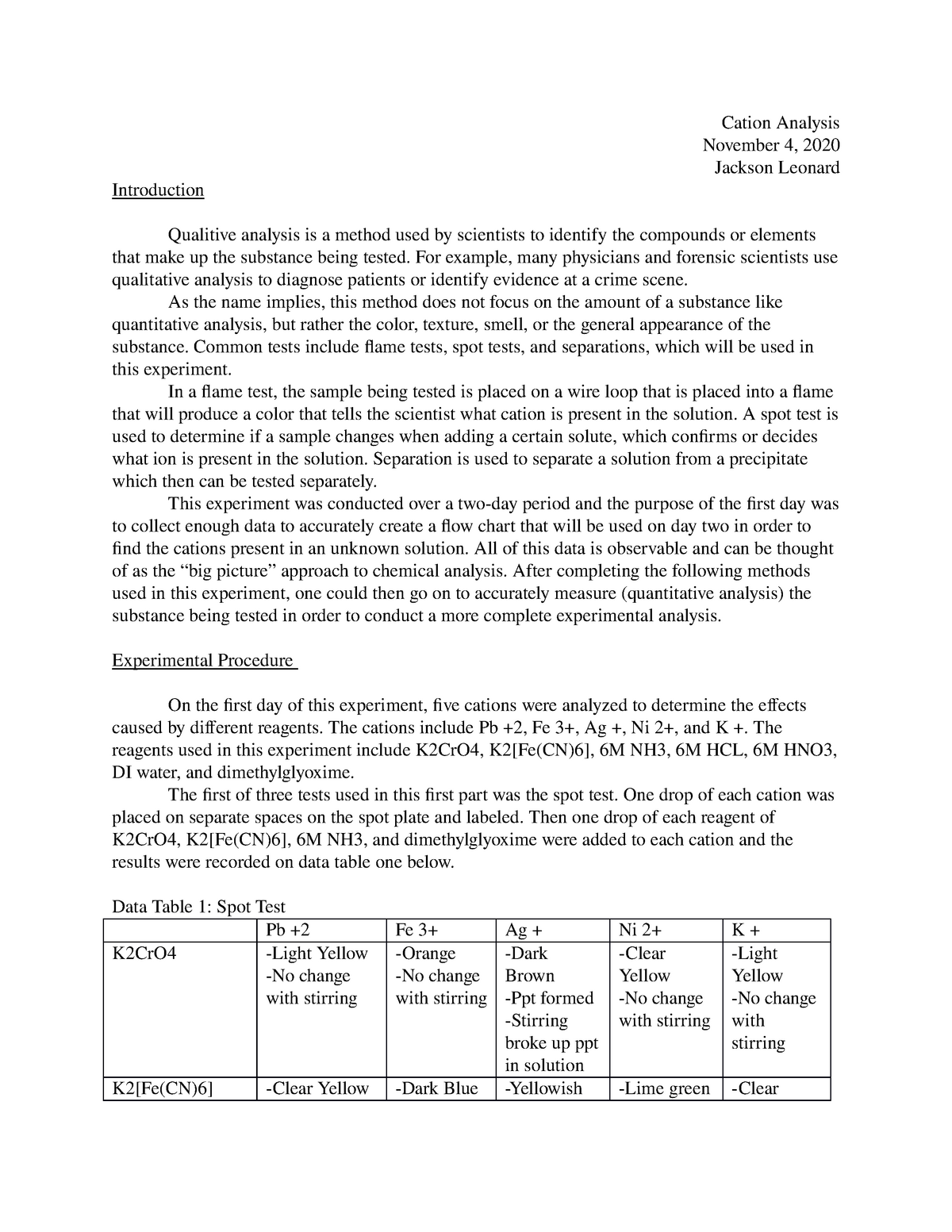 Cation Analysis Formal Report - Cation Analysis November 4, 2020 ...
