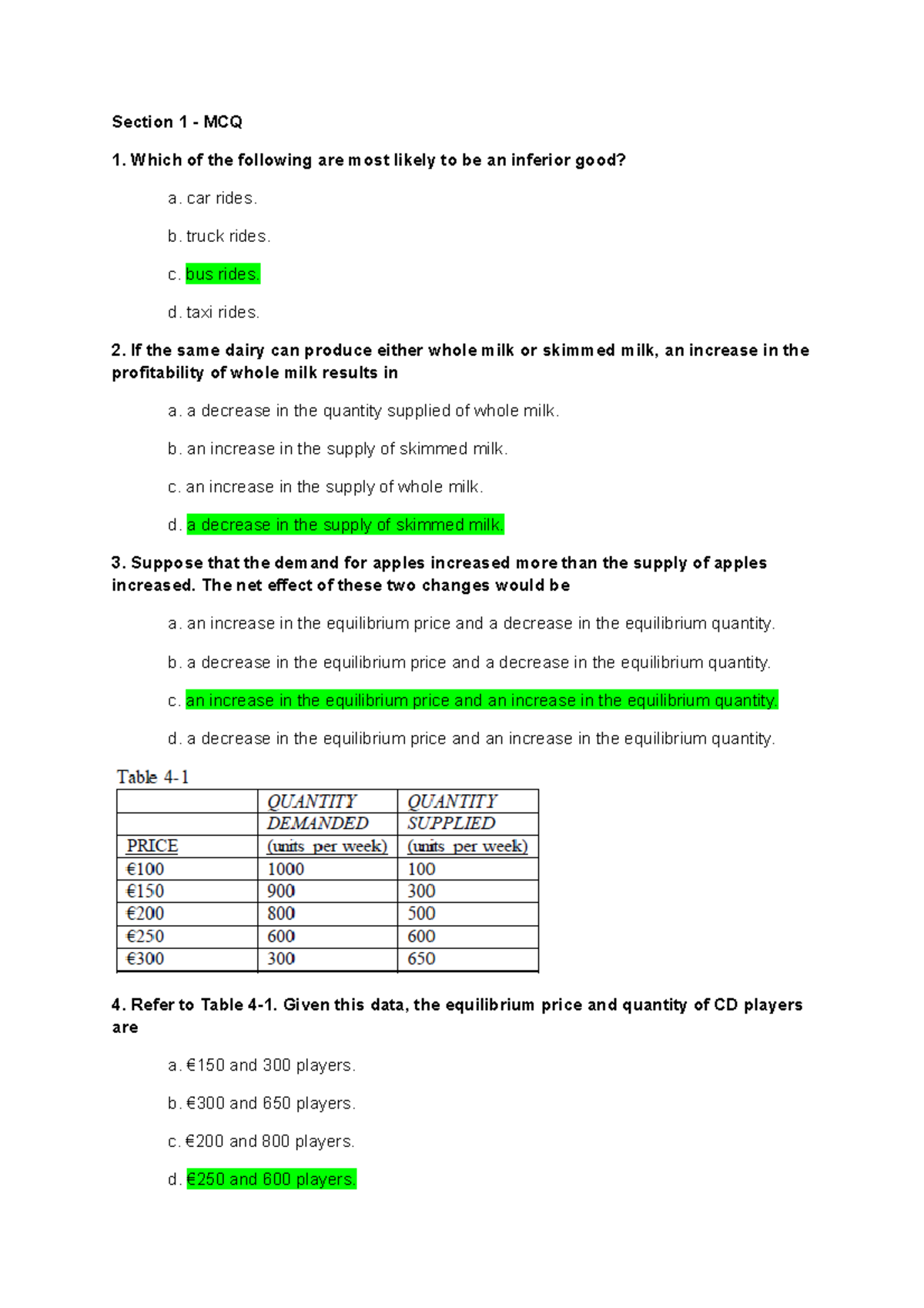 Demand And Supply Questions - **Section 1 - MCQ Which Of The Following ...