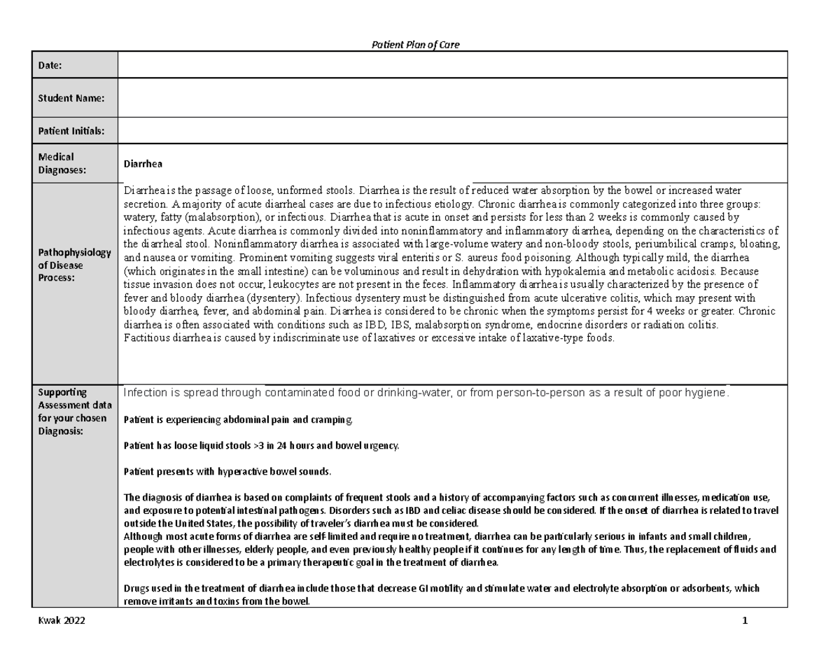 Diarrhea CARE Plannnn - Patient Plan of Care Date: Student Name ...