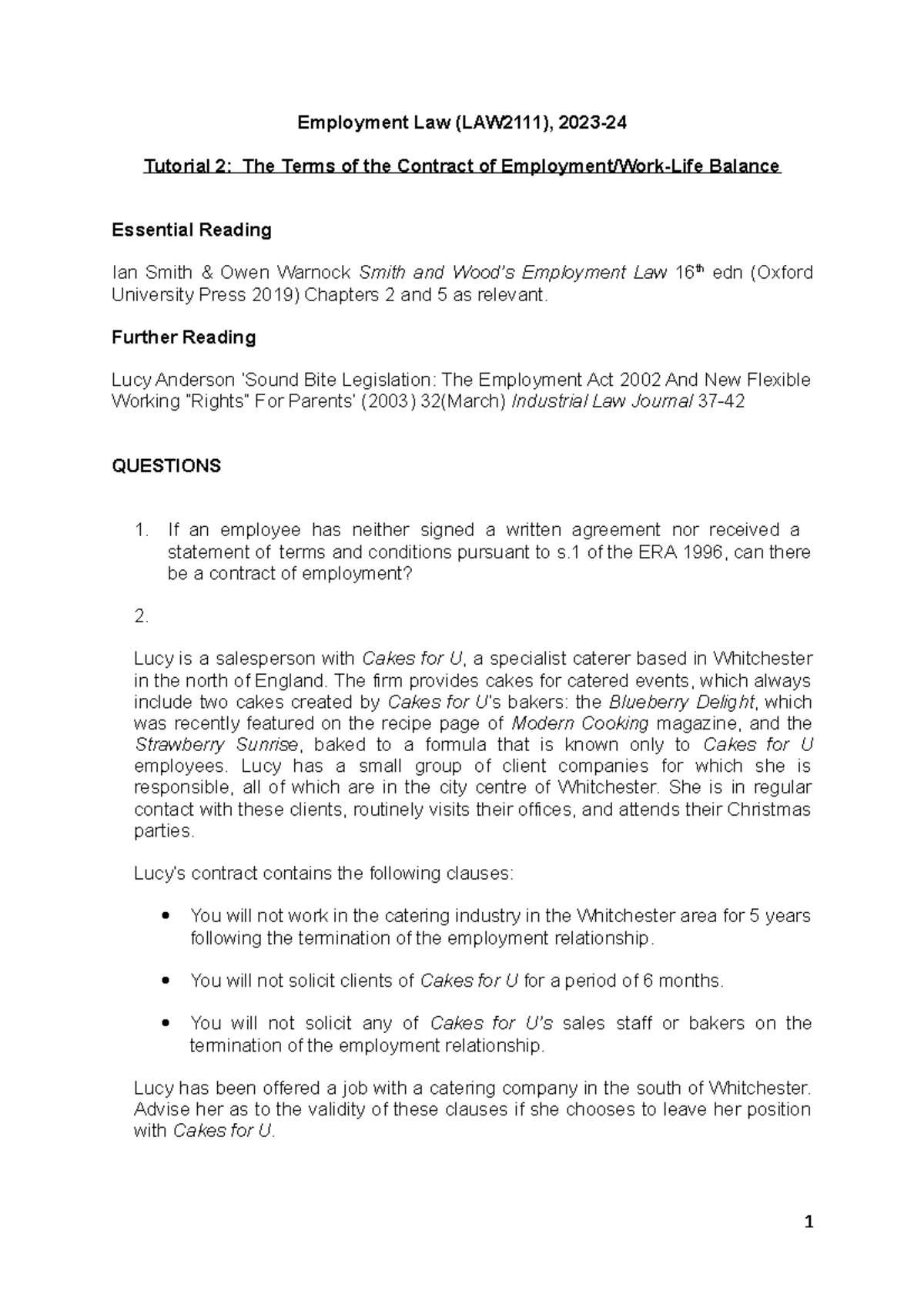 Tutorial 2 Terms 2023-2024 - Employment Law (LAW2111), 2023- Tutorial 2 ...