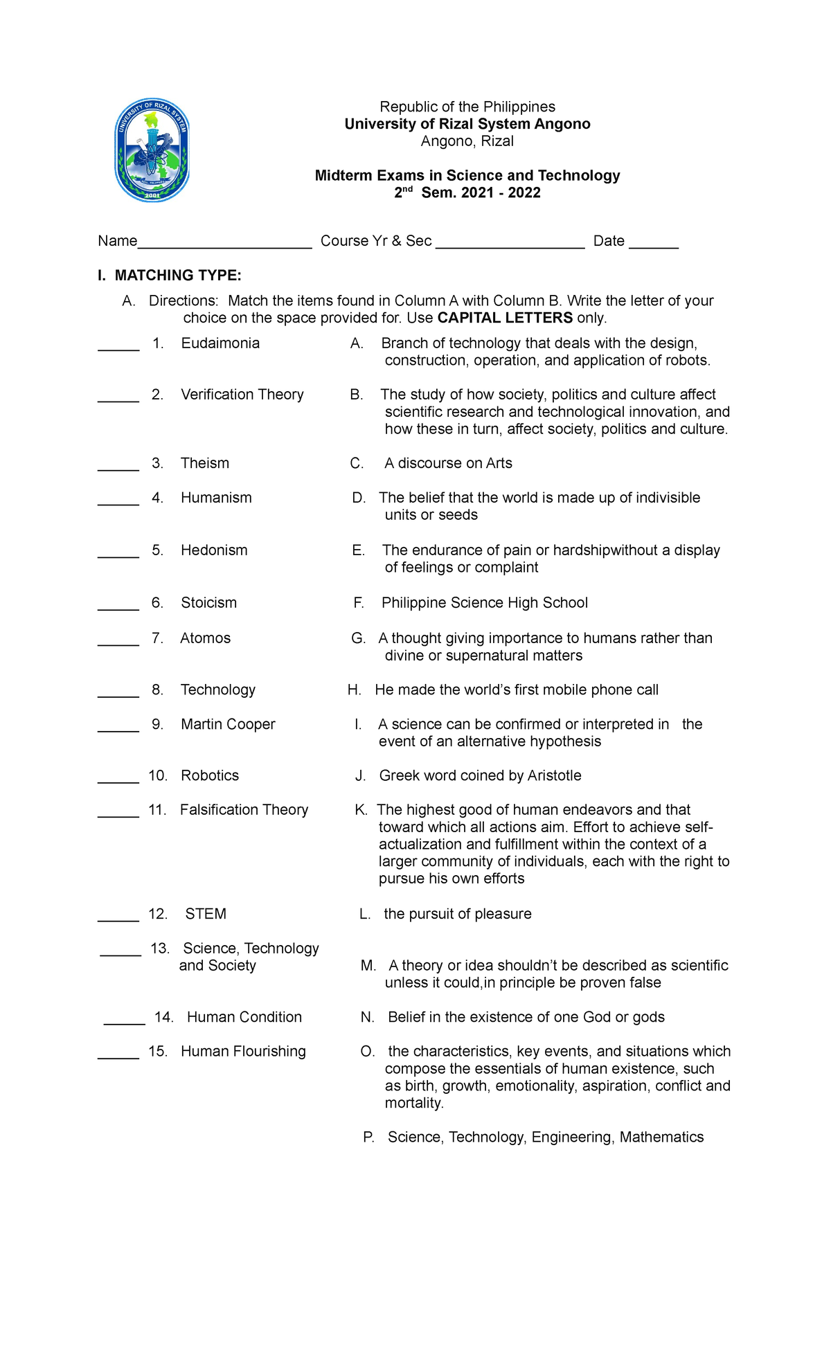 STS Midterm Exams 2022 - N/a - Republic Of The Philippines University ...