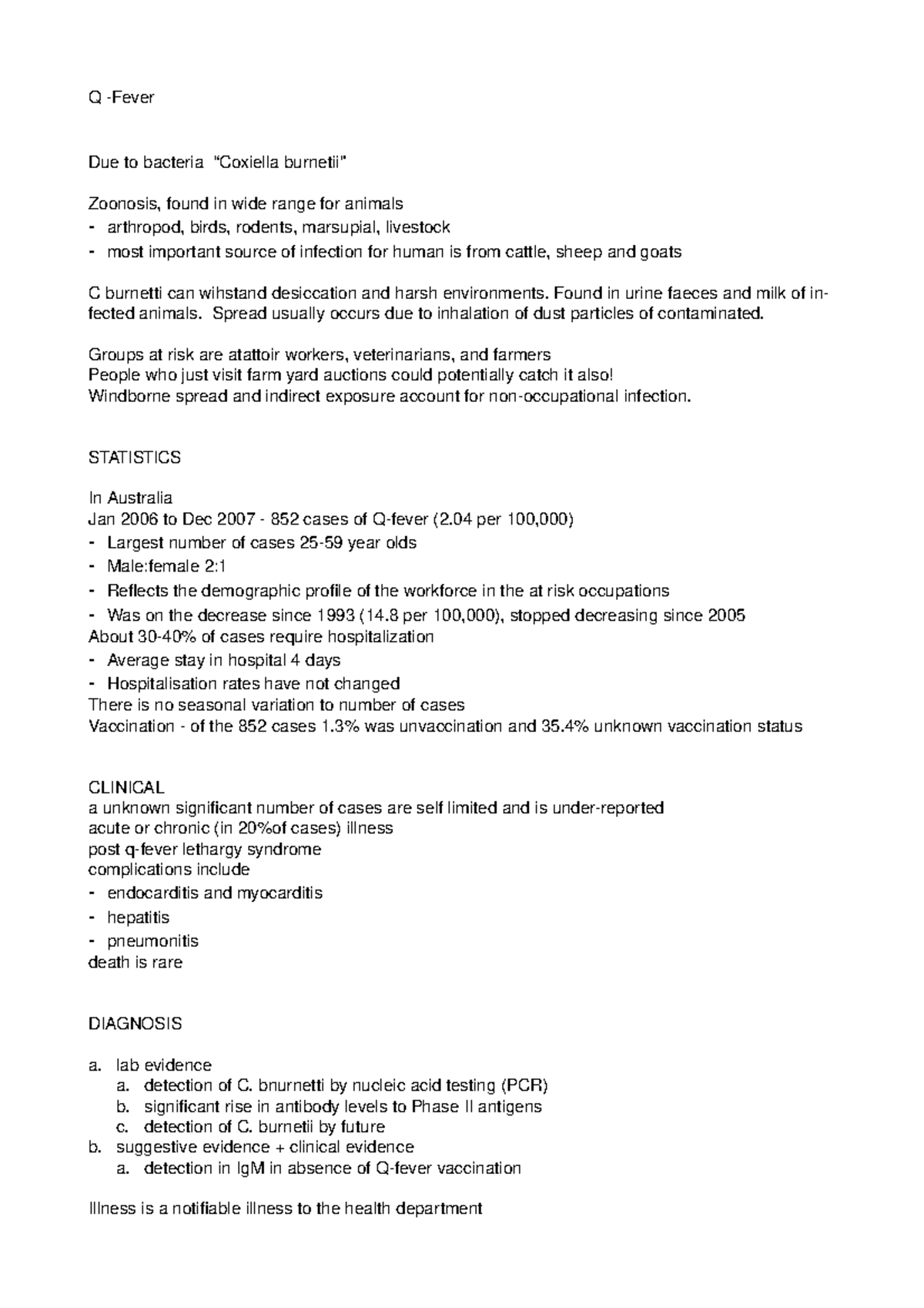 Summary Q-fever - Q Fever Presentation Notes - Q Due to bacteria ...