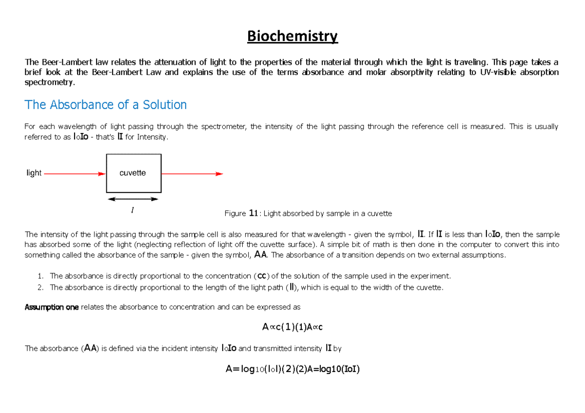 Biochemistry revision notes Biochemistry The BeerLambert law