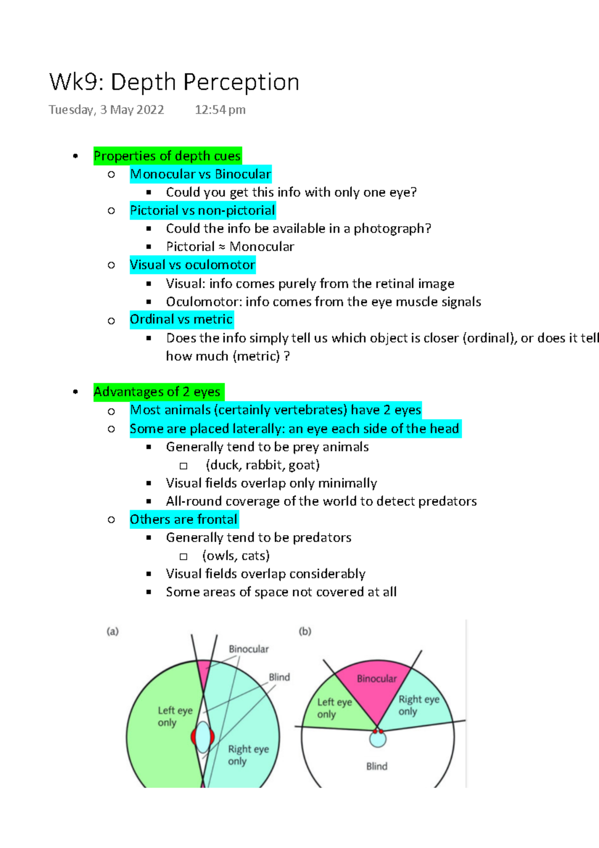 Wk9 Depth Perception Properties of depth cues Monocular vs Binocular