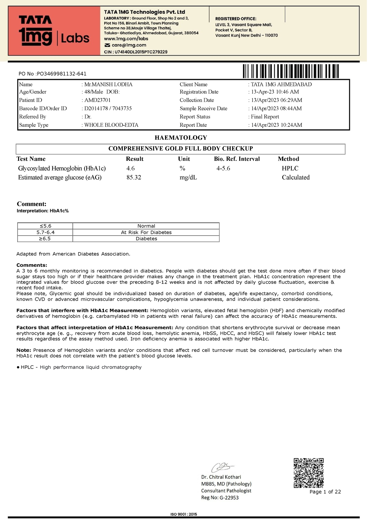 Blood Report 1MG - bl rep 687878797 - Name : Mr LODHA Client Name