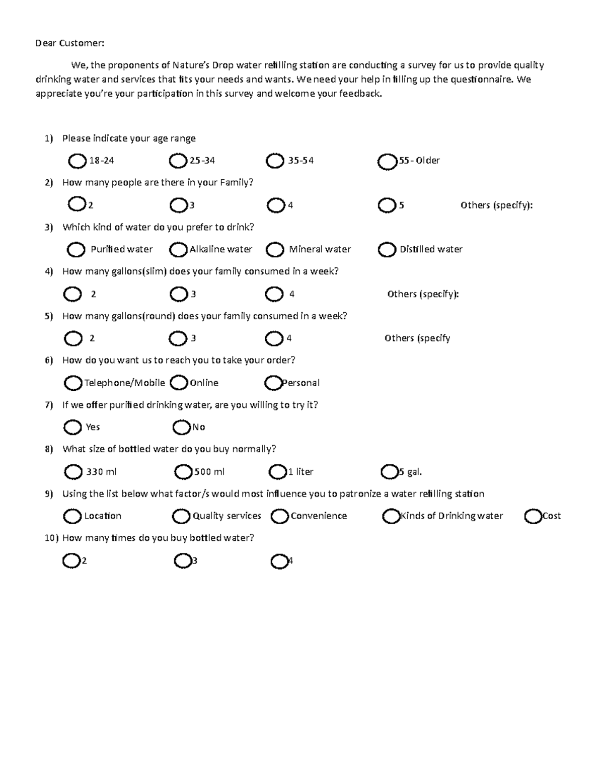 Questionnaire - Notes - Dear Customer: We, The Proponents Of Nature’s 