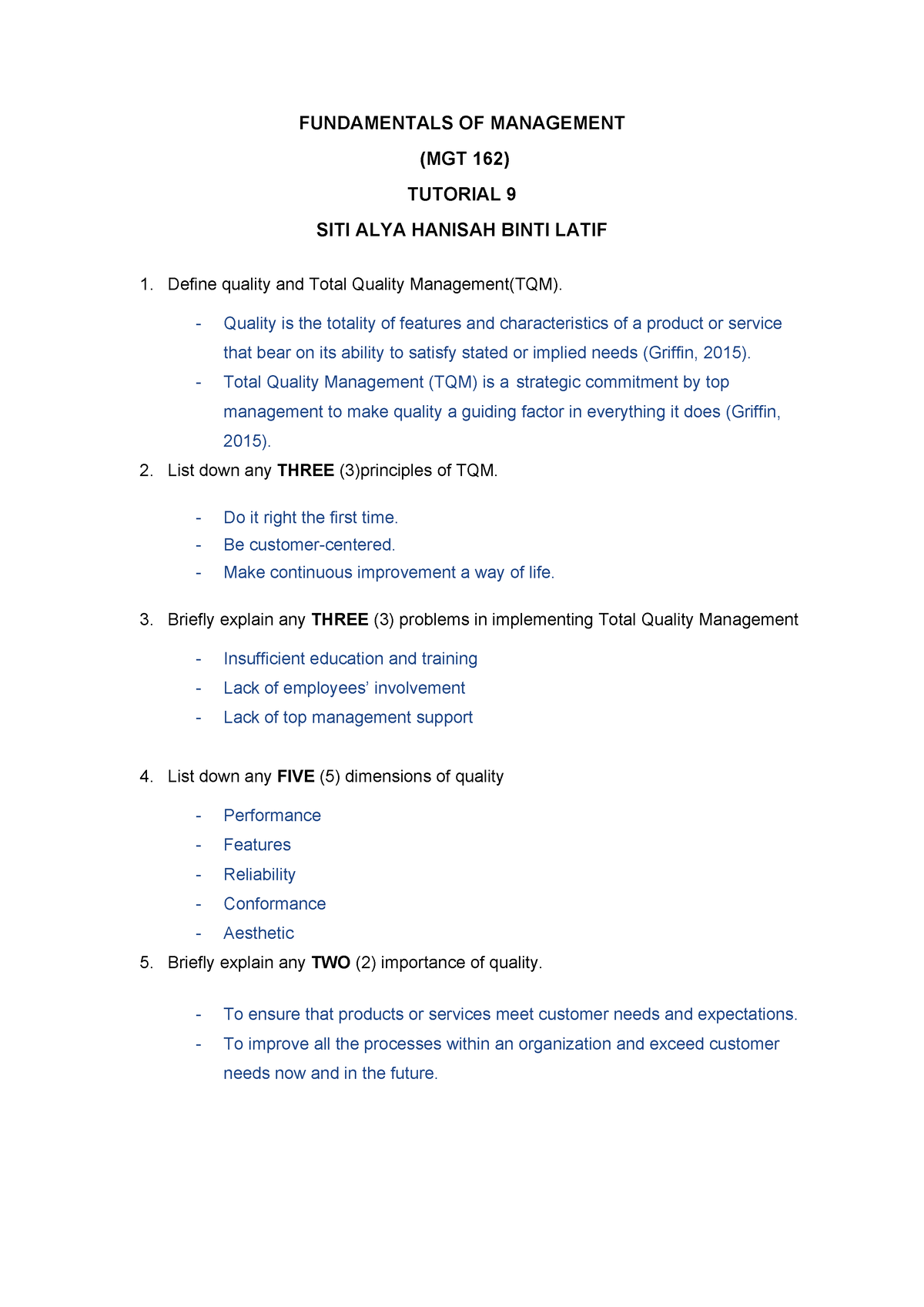 Tutorial 9 - Mgt 162 - FUNDAMENTALS OF MANAGEMENT (MGT 162) TUTORIAL 9 ...