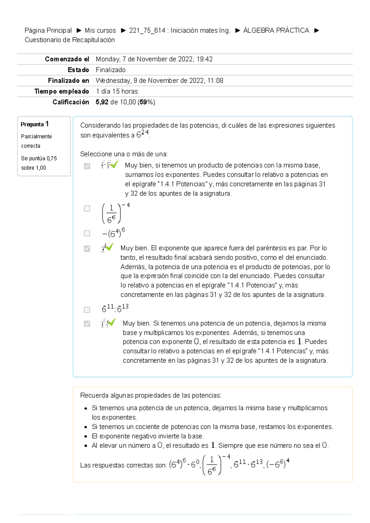Cuestionario de Recapitulación 1 - Página Principal Mis cursos 221_75 ...