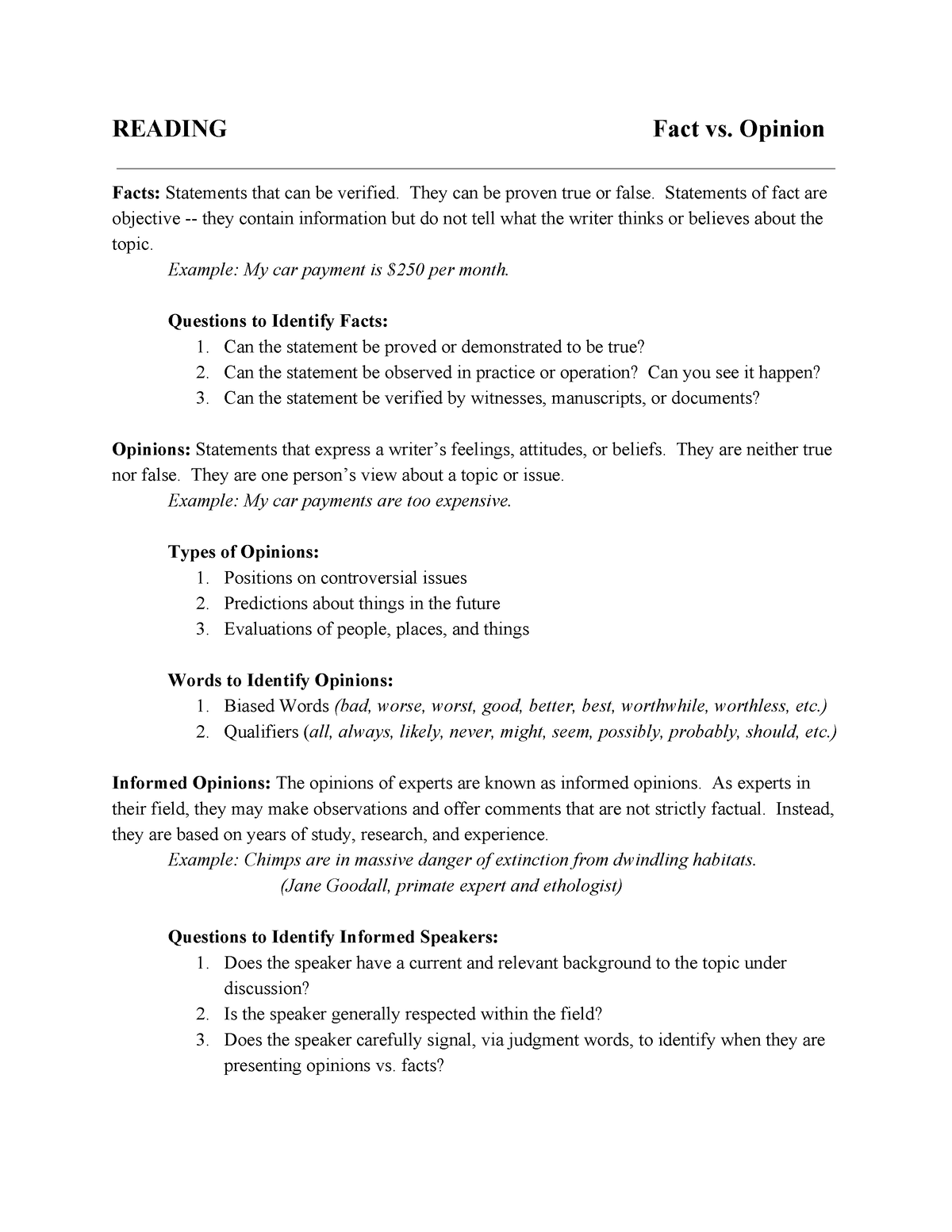 Fact-vs-opinion - Reading Fact Vs. Opinion Facts: Statements That Can 