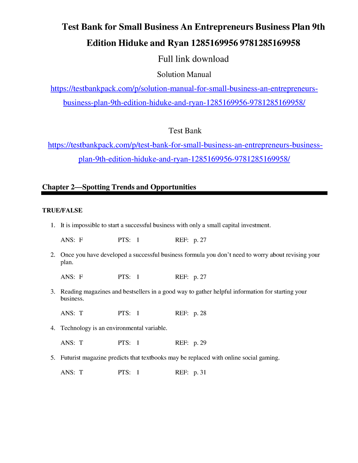 writing a business plan test bank