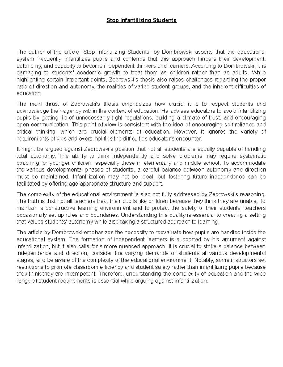 Stop Infantalizing Students - INFO-1248 - Fanshawe - Studocu
