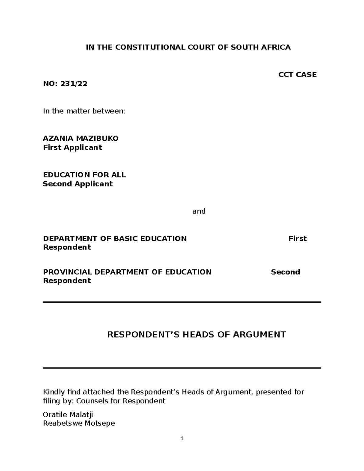 Heads of argument draft - IN THE CONSTITUTIONAL COURT OF SOUTH AFRICA ...