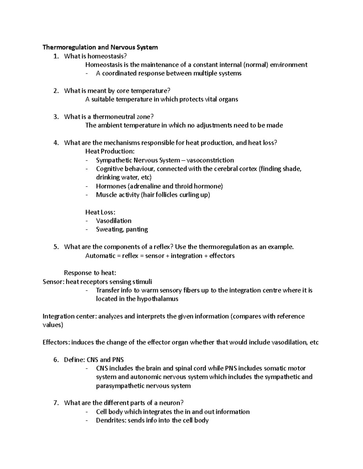 Midterm 1 Questions and Answers - Thermoregulation and Nervous System 1 ...