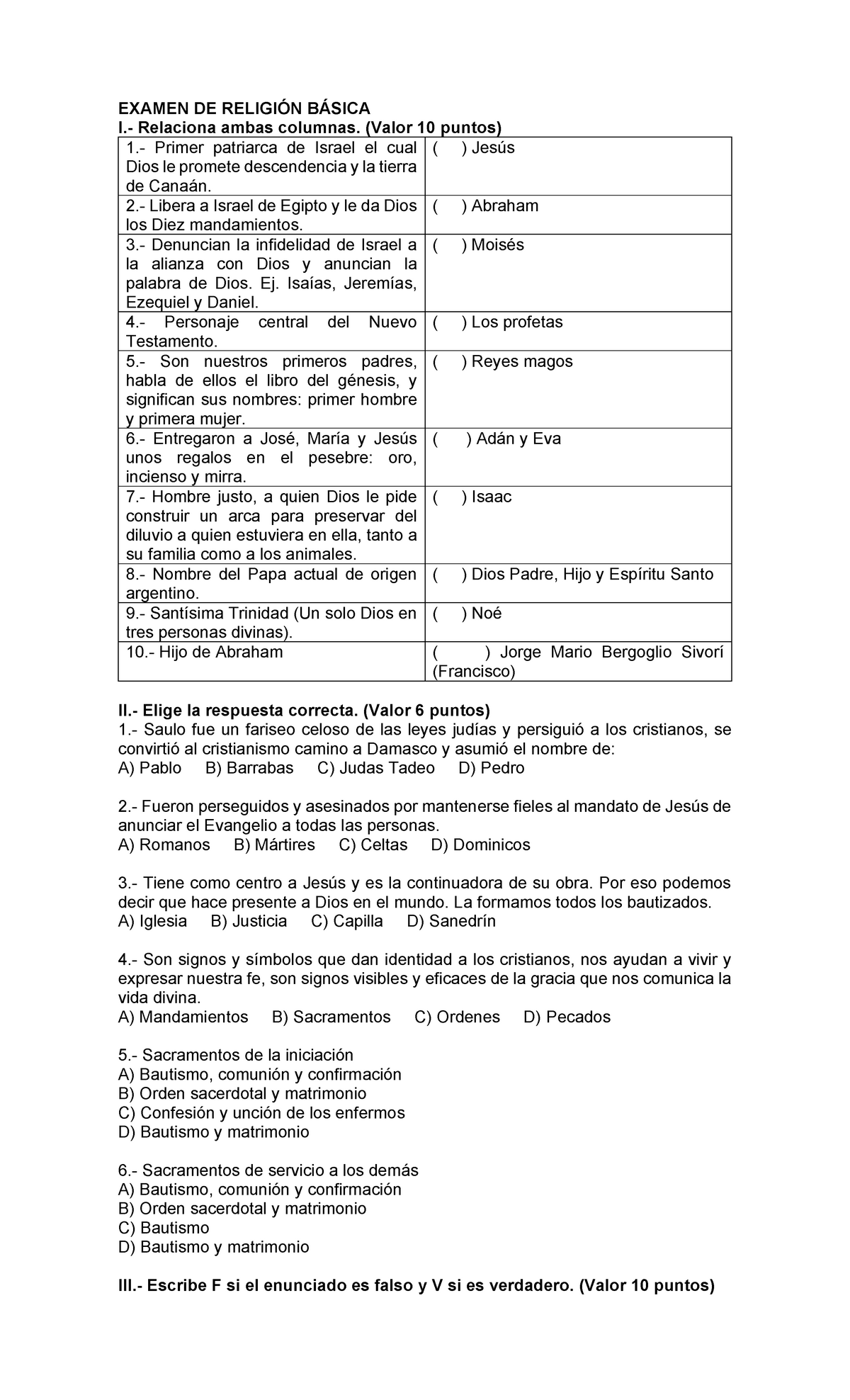 Examen DE Religion Basica 4 - EXAMEN DE RELIGIÓN BÁSICA I.- Relaciona ...