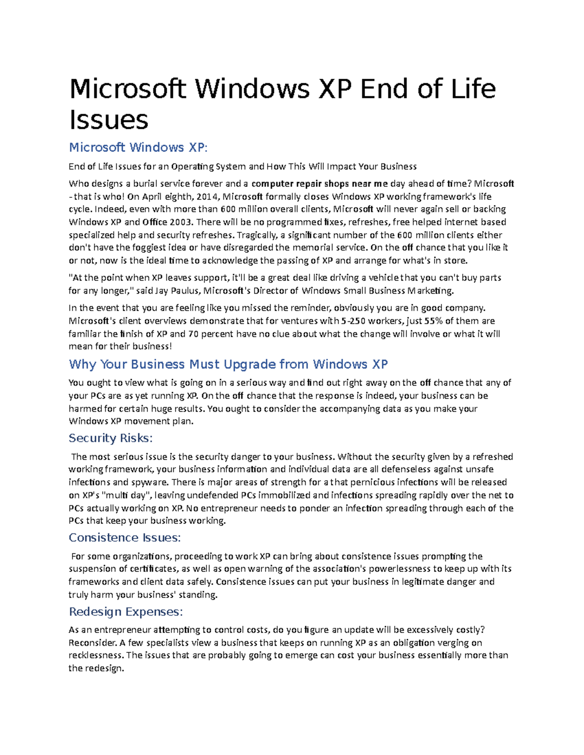 Microsoft Windows XP End of Life Issues Microsoft Windows XP End of