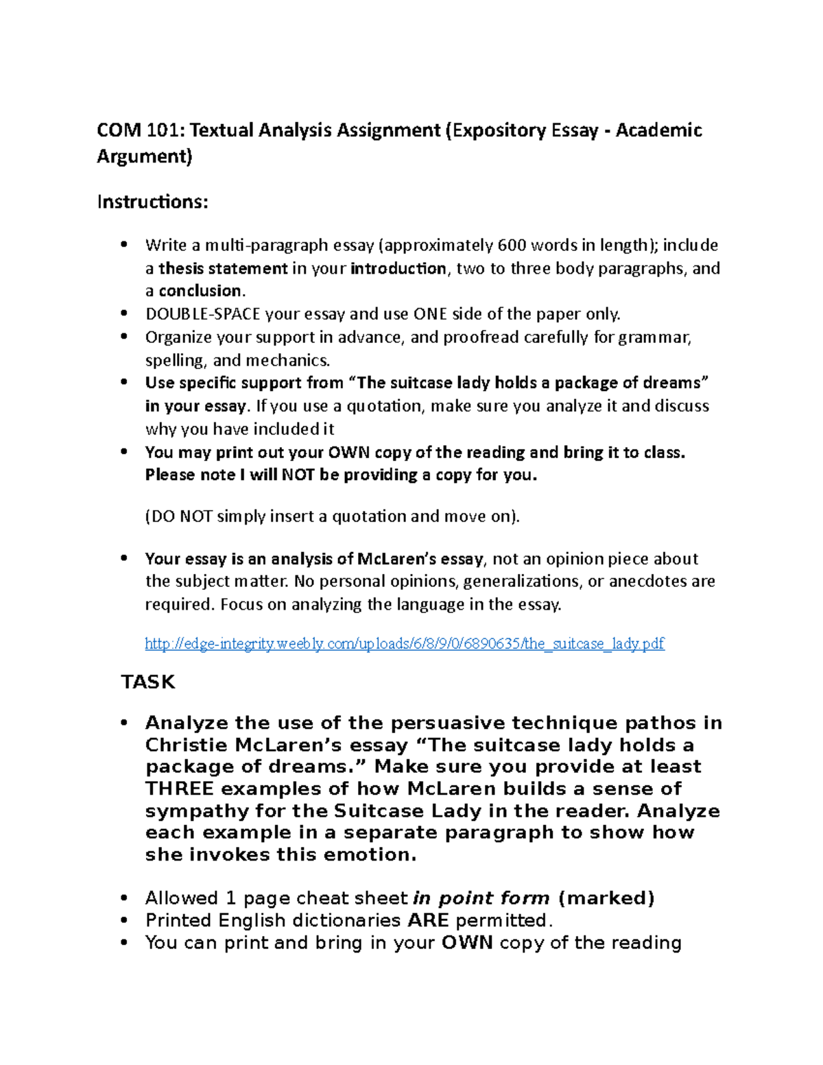 Textual Analysis Assignment Analyzing Pathos in 'Suitcase Lady Holds a